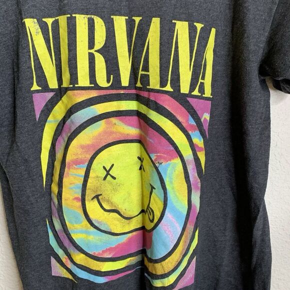 Nirvana Nevermind T-Shirt Smiley Logo Womens Short Sleeve 90s Band Music Gray XS - Picture 8 of 11